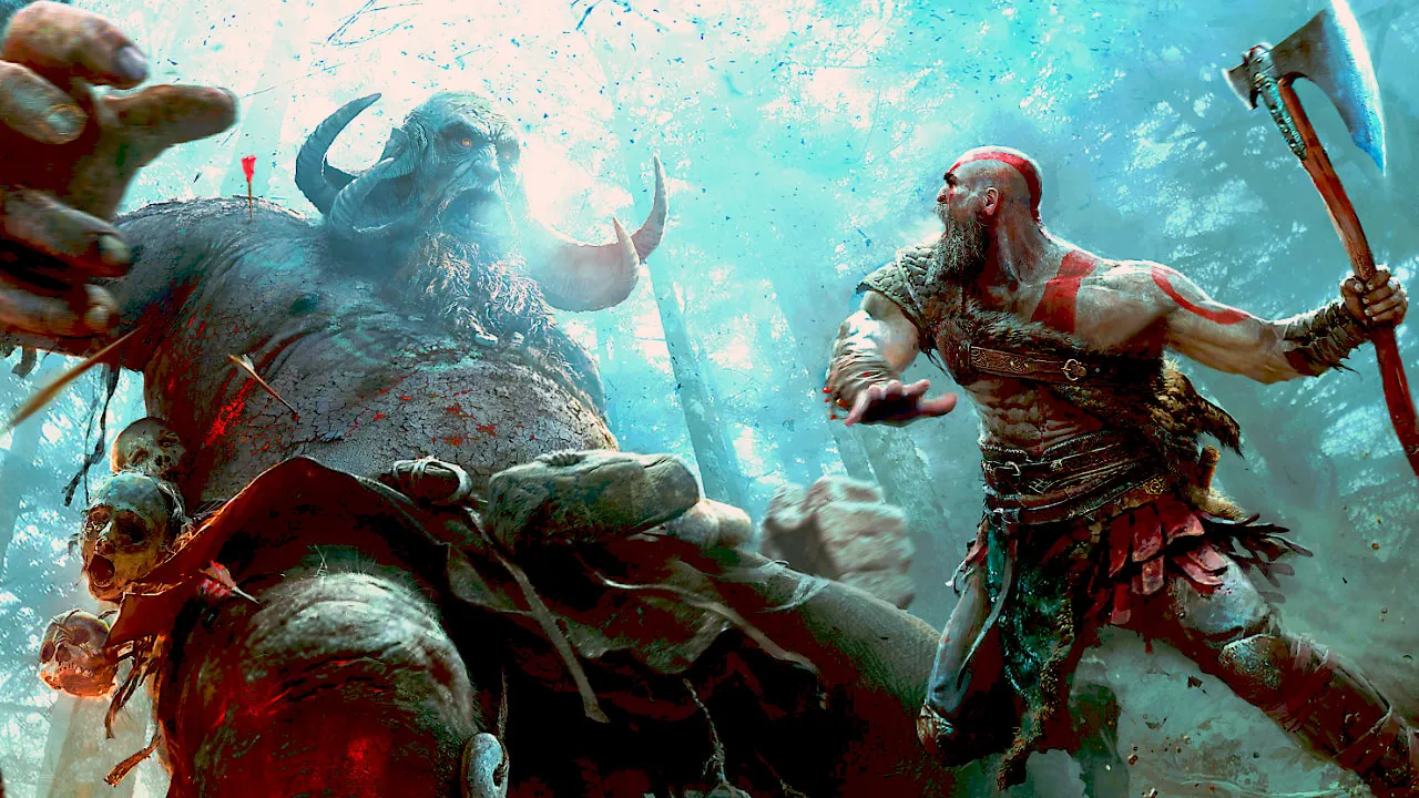 God of War Ragnarök artwork: Kratos facing a giant